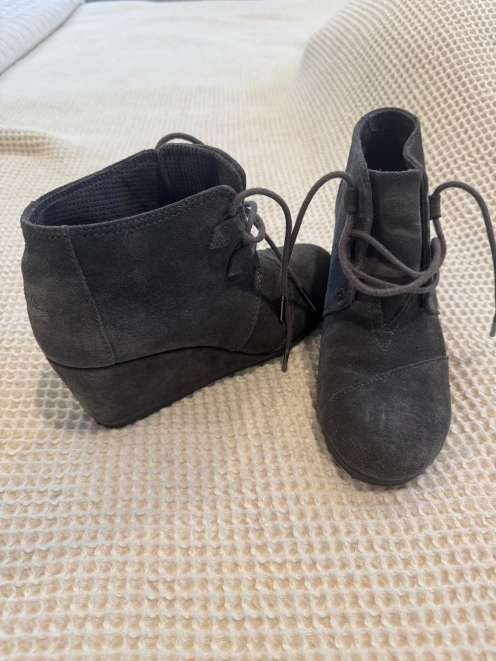 Toms Dark Gray Suede Lace-Up Wedge Booties